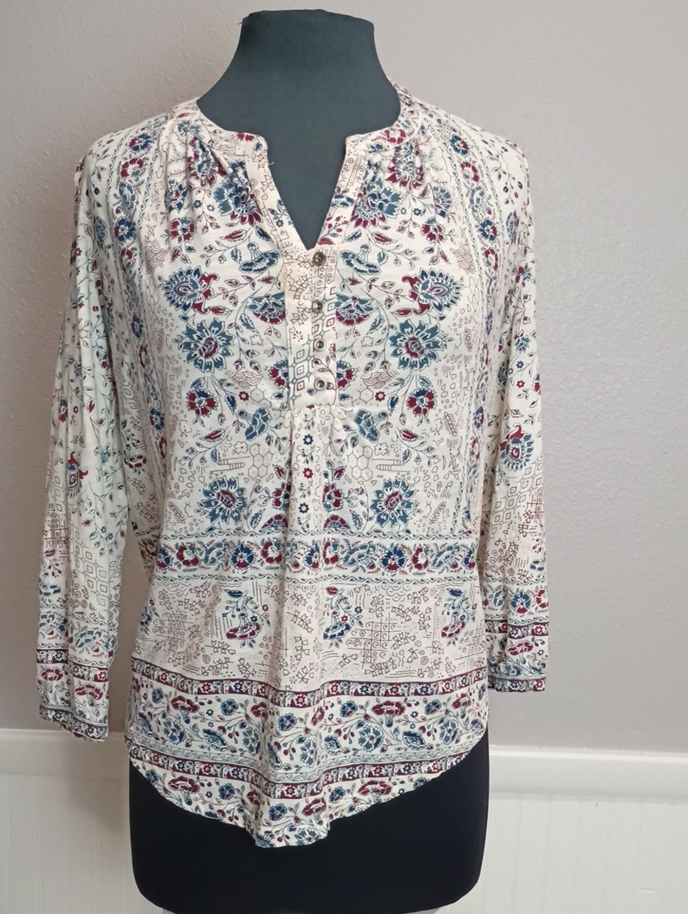 Lucky Brand Cream Floral Henley Tunic with Blue and Red Motif